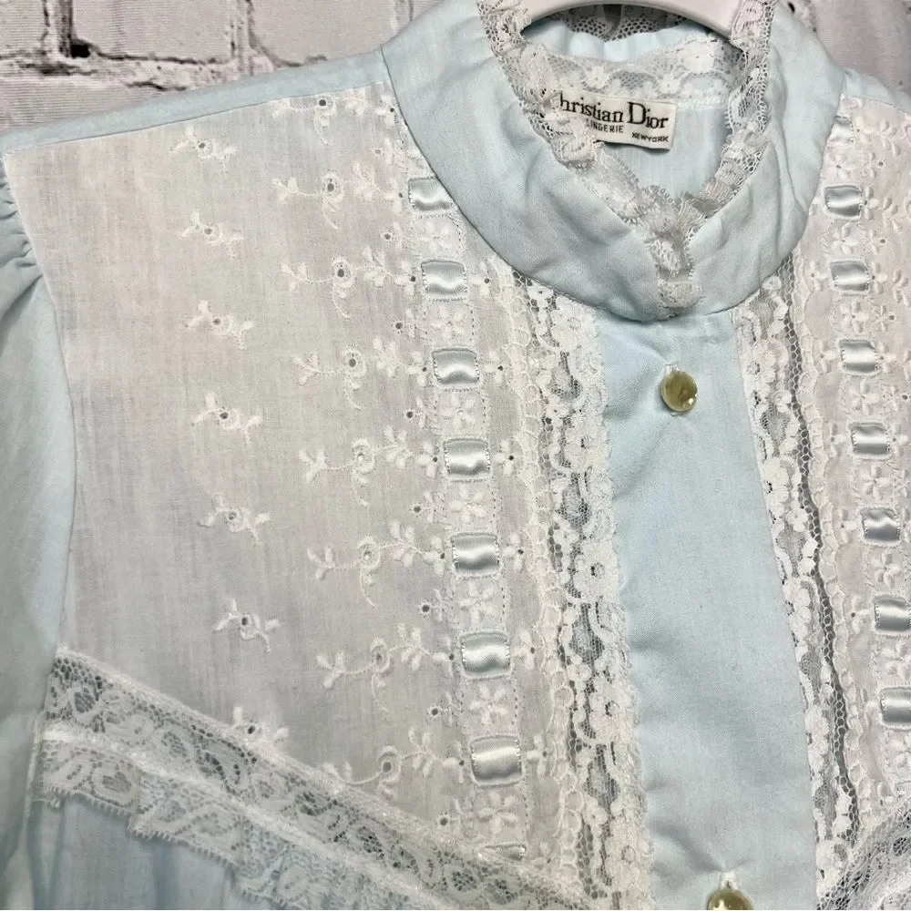 Vintage Christian Dior Blue Embroidered Lingerie Set 1960s/70s Size Medium PJs